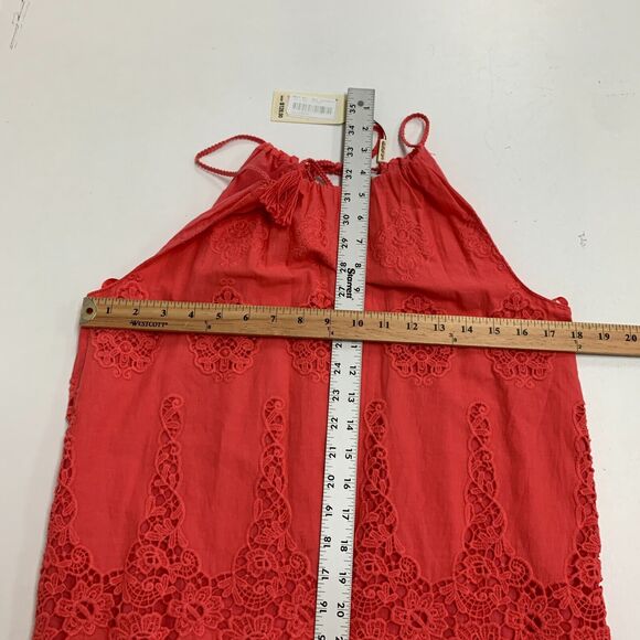 MSSP Max Studio Dress Women XS Extra Small Coral Halter Floral Crochet Keyhole - Picture 9 of 15